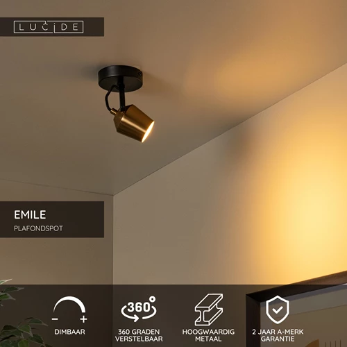 Lucide EMILE - Plafondspot - Ø 10,5 cm - 1xGU10 - Mat Goud / Messing - USP